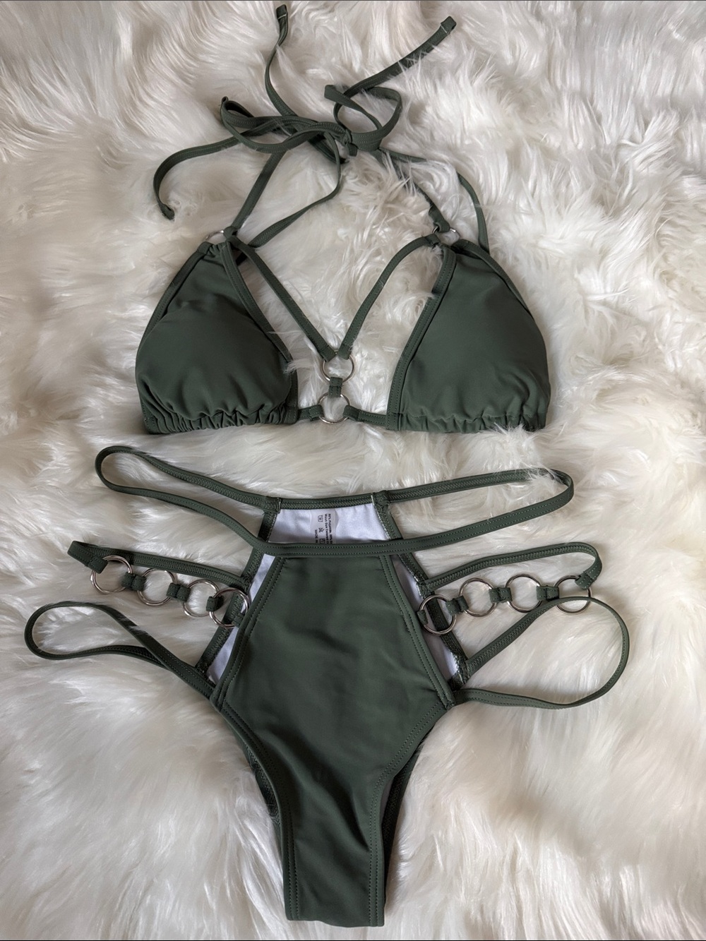 Olive Green Strappy Ring-Detail Bikini Set